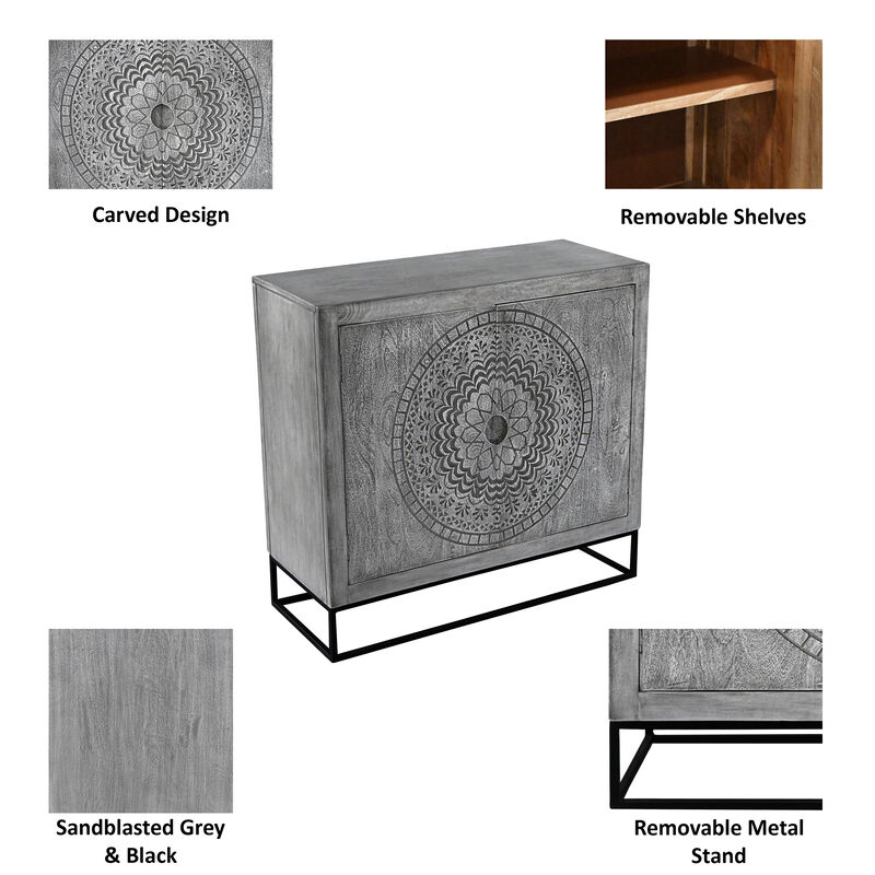 39 Inch Handcrafted Accent Cabinet with 2 Doors, Medallion Engraved, Sandblasted Gray Mango Wood, Black Iron Framed Stand-Benzara