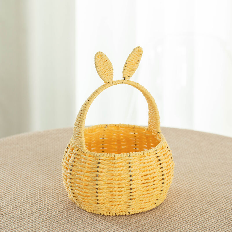 Wickerwise Hand-Woven Easter Bunny Ear Basket with Handle – Multi-Purpose Paper Rope Wicker Basket for Easter Egg Hunts, Picnics, Flower Arrangements, Food Storage, Party, and Home Decor, Nude