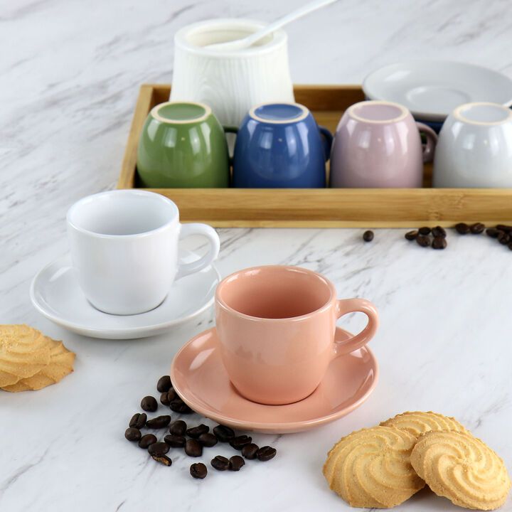 Mr. Coffee 12 Piece 3oz Stoneware Espresso Cup and Saucer Set in Assorted Colors