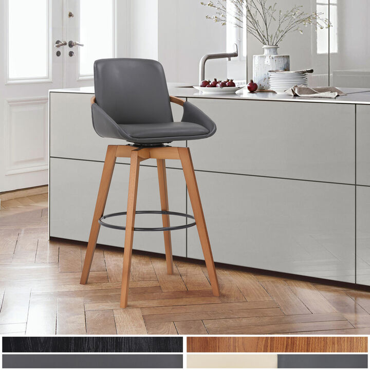 Baylor Gray Faux Leather and Black Wood Swivel Bar Stool