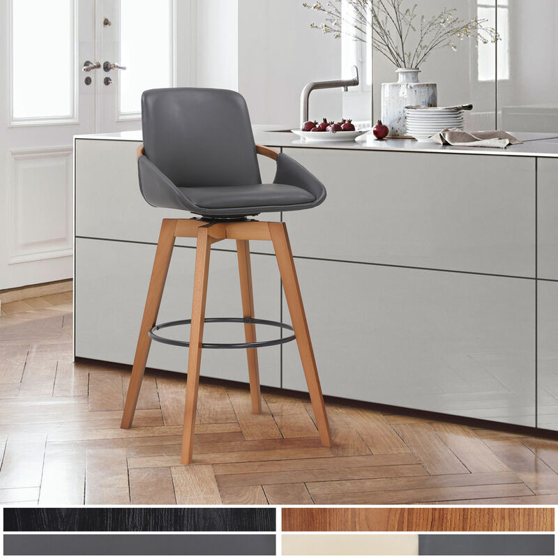 Baylor Gray Faux Leather and Black Wood Swivel Bar Stool