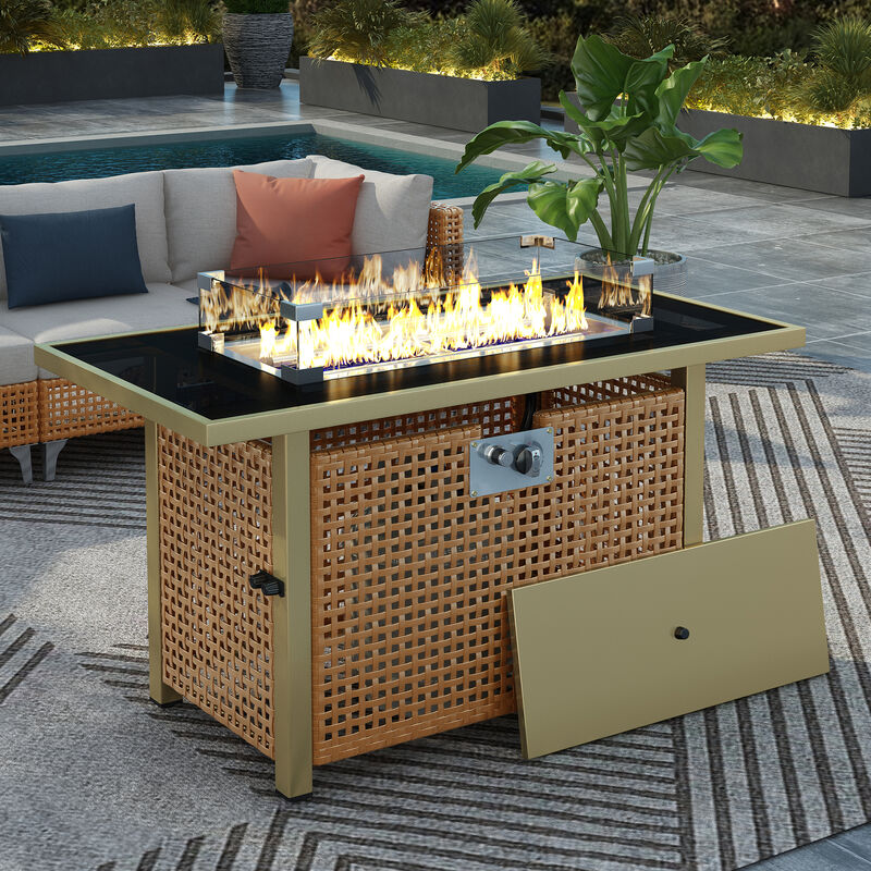 Merax 60000 BTU Rectangular Open Weave Wicker Fire Pit with Glass Wind Guard