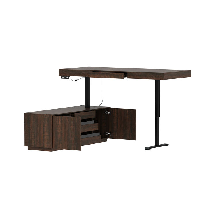 FUFU&GAGA Modern Brown Wood Grain Height-Adjustable Desk with Storage, P2 MDF, with Glass Drawers and Adjustable Shelves (70.9" W x 29.1"~44.1" H x 31.5" D), Brown