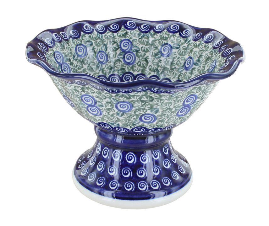 Blue Rose Polish Pottery Floral Butterfly Small Pedestal Fruit Bowl