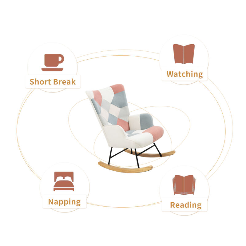 Rocking Chair ,Mid Century Fabric Rocker Chair with Wood Legs and Patchwork Linen for Livingroom Bedroom