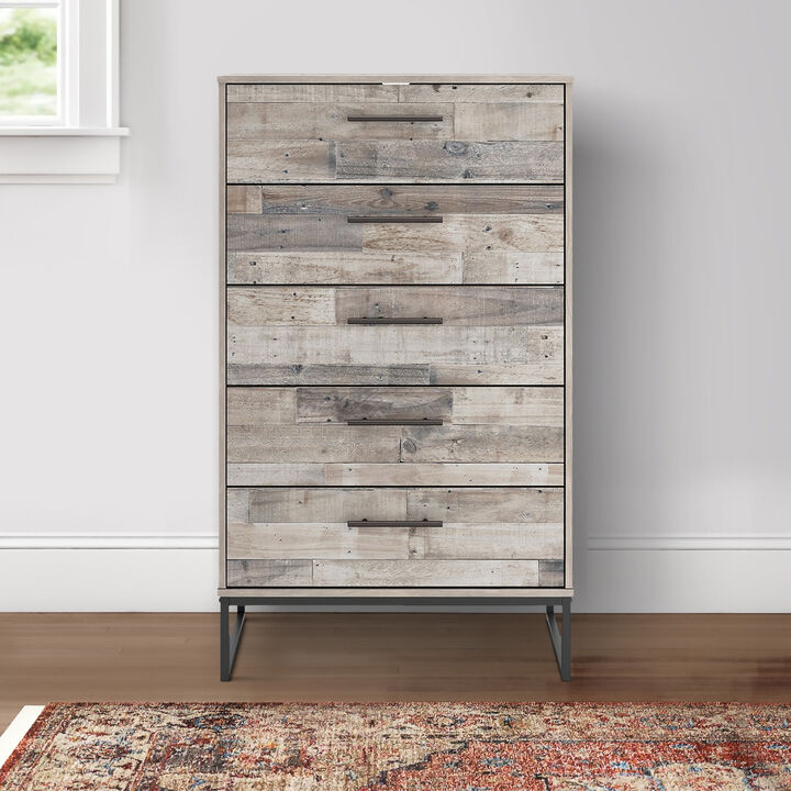 Vyne 51 Inch Tall Dresser Chest, 5 Drawers, White Woodblock, Black Metal-Benzara