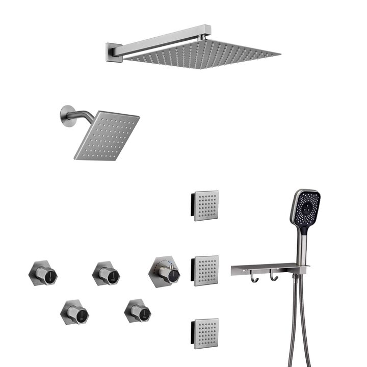 Mondawe Free Combination Handles Thermostatic 4 Functions 12-inch Wall Mounteded Rainfall Dual Shower Heads with 6 Body Jets and Rough-in Valve in Brushed Gold