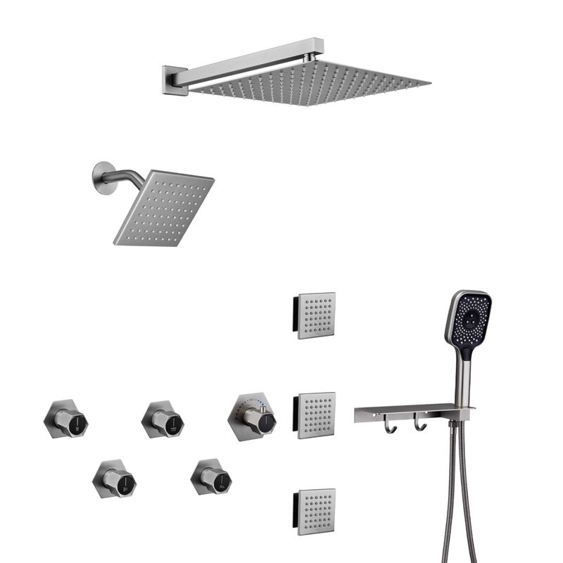 Mondawe Free Combination Handles Thermostatic 4 Functions 12-inch Wall Mounteded Rainfall Dual Shower Heads with 6 Body Jets and Rough-in Valve in Brushed Gold