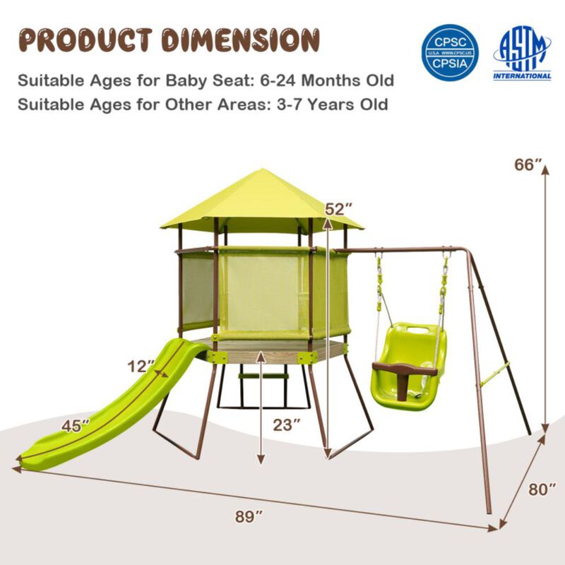 Hivvago 4-in-1 Swing Set with Covered Playhouse Fort and Height Adjustable Baby Seat