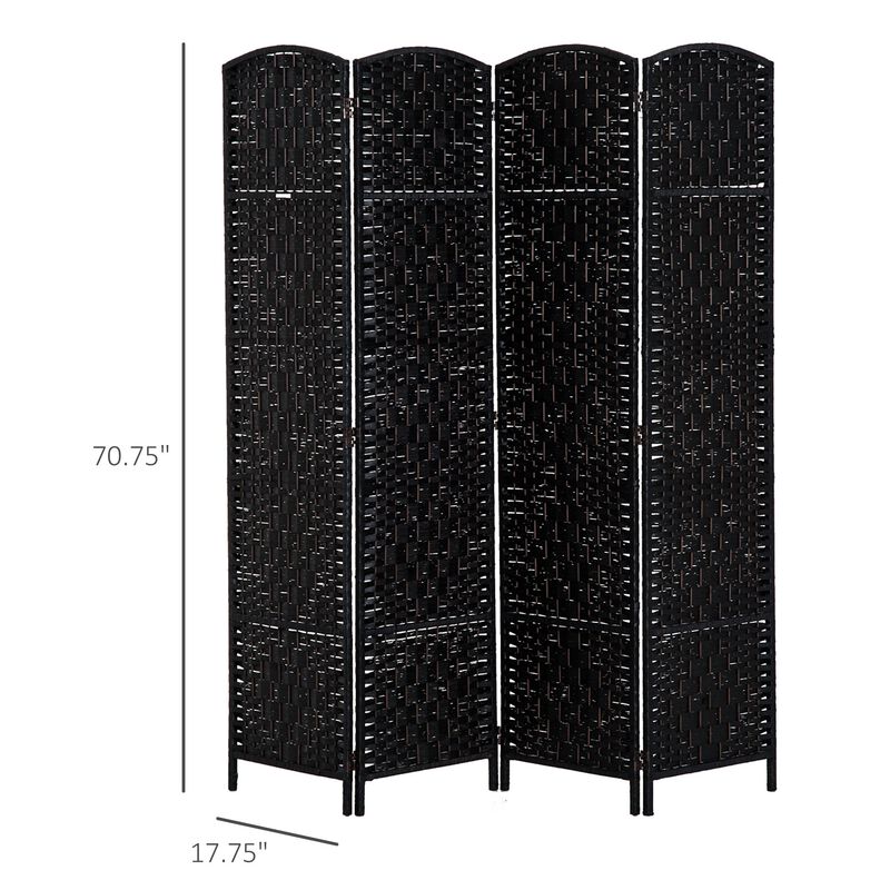 Black Room Divider: 6' Tall Wicker Weave 4-Panel Wall Divider