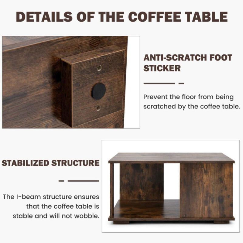 Hivvago 2 Tiers Square Coffee Table with Storage and Non-Slip Foot Pads