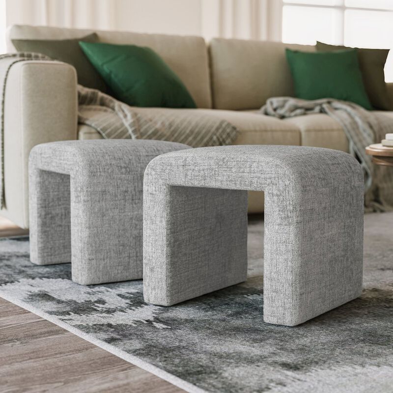 Jofran Luxury Curved Upholstered Waterfall Jacquard Petite Ottoman Bench - Set of 2