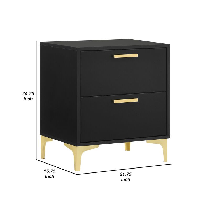 Lif 25 Inch Modern 2 Drawer Nightstand, Gold Metal Accents, Jet Black -Benzara