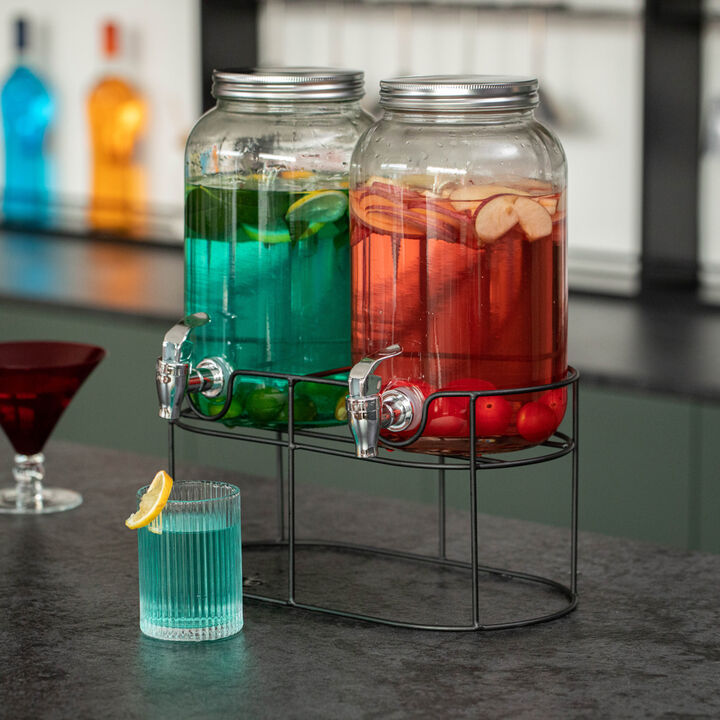 Basicwise 2-Pcs Versatile Glass Drink Dispenser Set with Metal Stand and Stainless Steel Spigots - Ideal for Serving Beverages, Water, Lemonade and Juice at Picnics, Camping Trips, Wedding and Parties