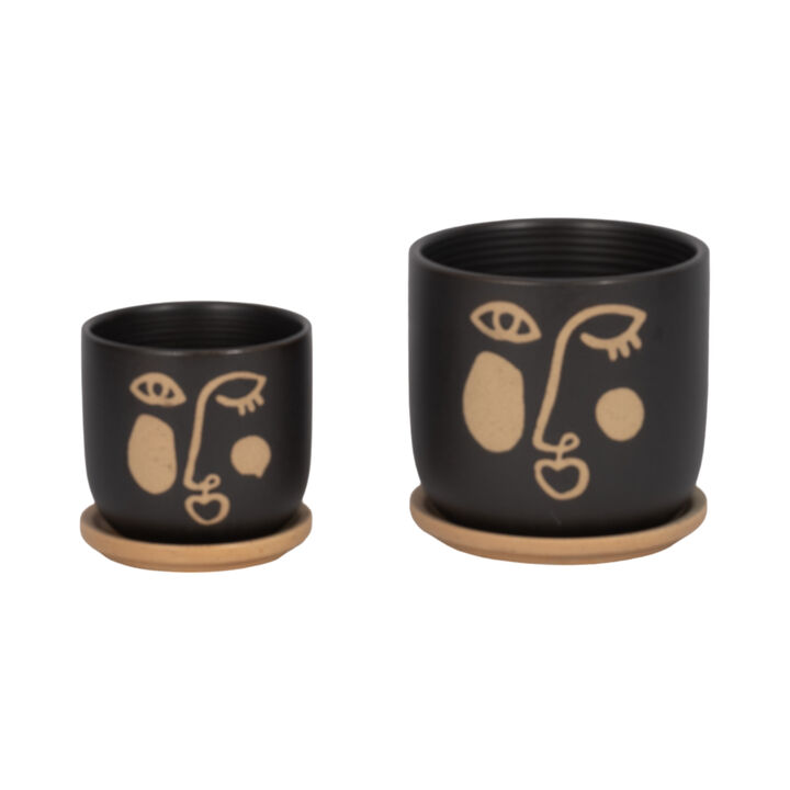 Funky Face Planter with Saucer, Black set