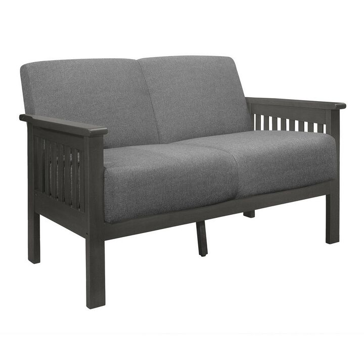 Wiston 50 Inch Loveseat, Gray Polyester, Dark Gray Solid Rubberwood - Benzara