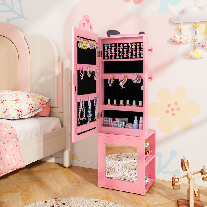 3-in-1 Freestanding Kids Jewelry Cabinet Armoire with Full-Length Mirror and Storage
