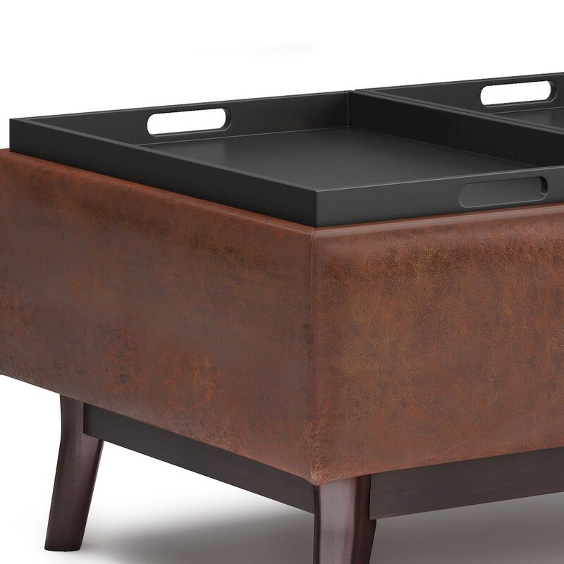 Simpli Home Small Coffee Table Storage Ottoman In Distressed Saddle Brown Vegan Faux Leather