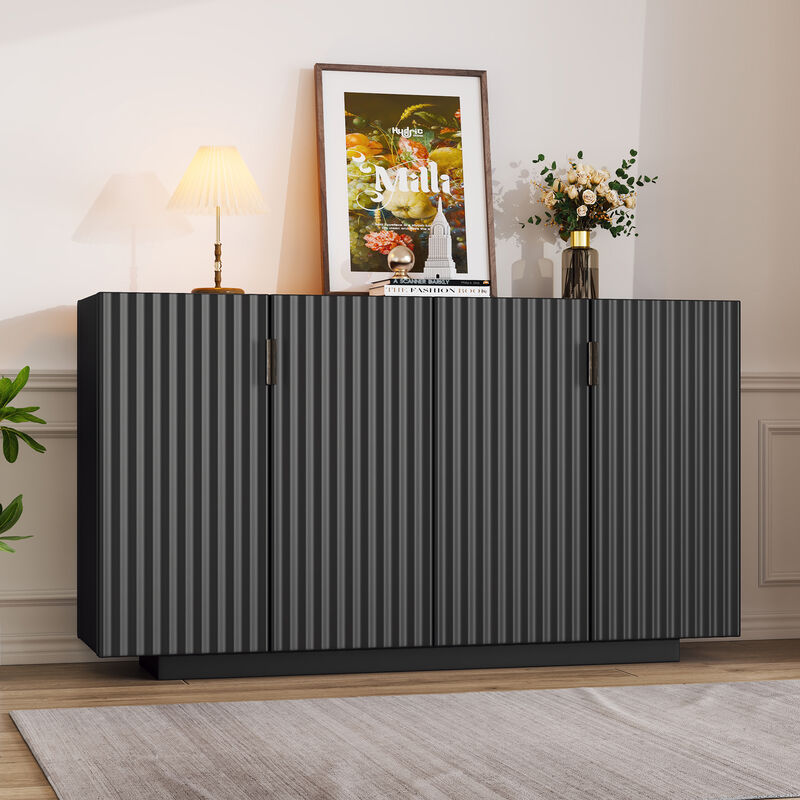 Clihome Buffet Cabinet with Storage, Sideboard Cabinet with Ample Storage Space,4 Fluted Doors Credenza Storage Cabinet with Adjustable Shelves for Dining Room and Living Room (BLACK)