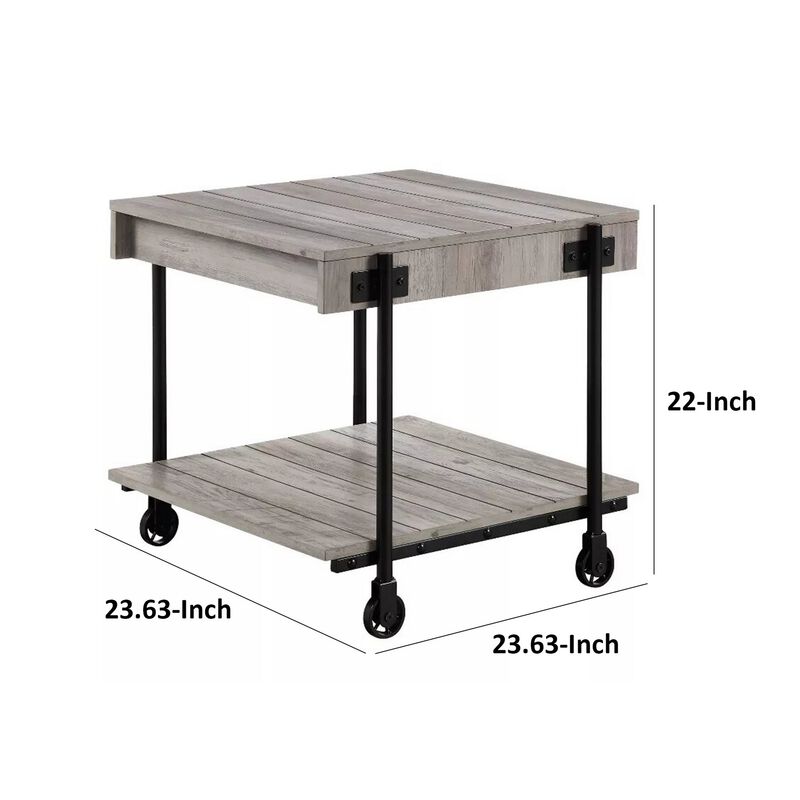 Loak 24 Inch Side End Table, Plank Design, Caster Wheels, Brown, Black - Benzara