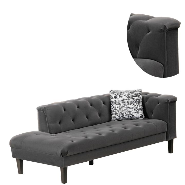 Aki 77 Inch Chaise Lounger with Pillow, Deep Button Tufted, Gray Velvet-Benzara