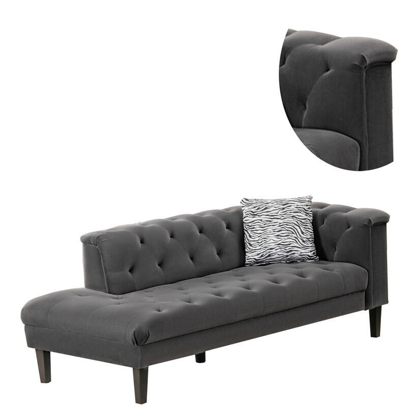 Aki 77 Inch Chaise Lounger with Pillow, Deep Button Tufted, Gray Velvet-Benzara