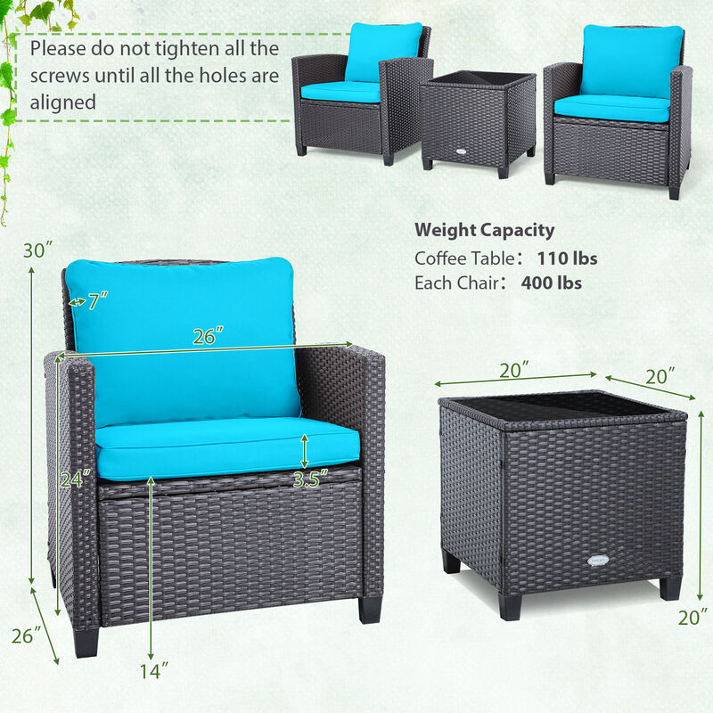 3 Pcs Patio Rattan Furniture Set Cushioned Conversation Set Coffee Table