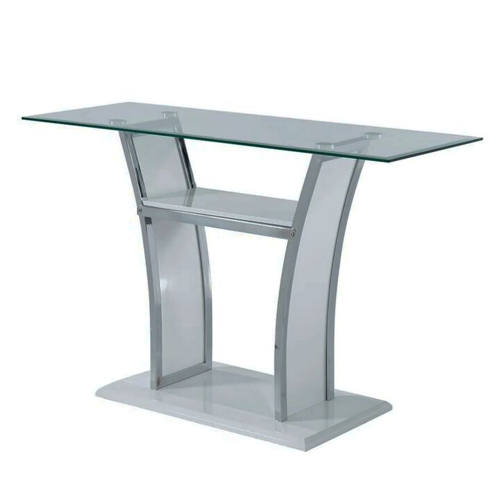 Sofa Table with Chrome Trimmed Curved Sides and Open Bottom Shelf, White-Benzara