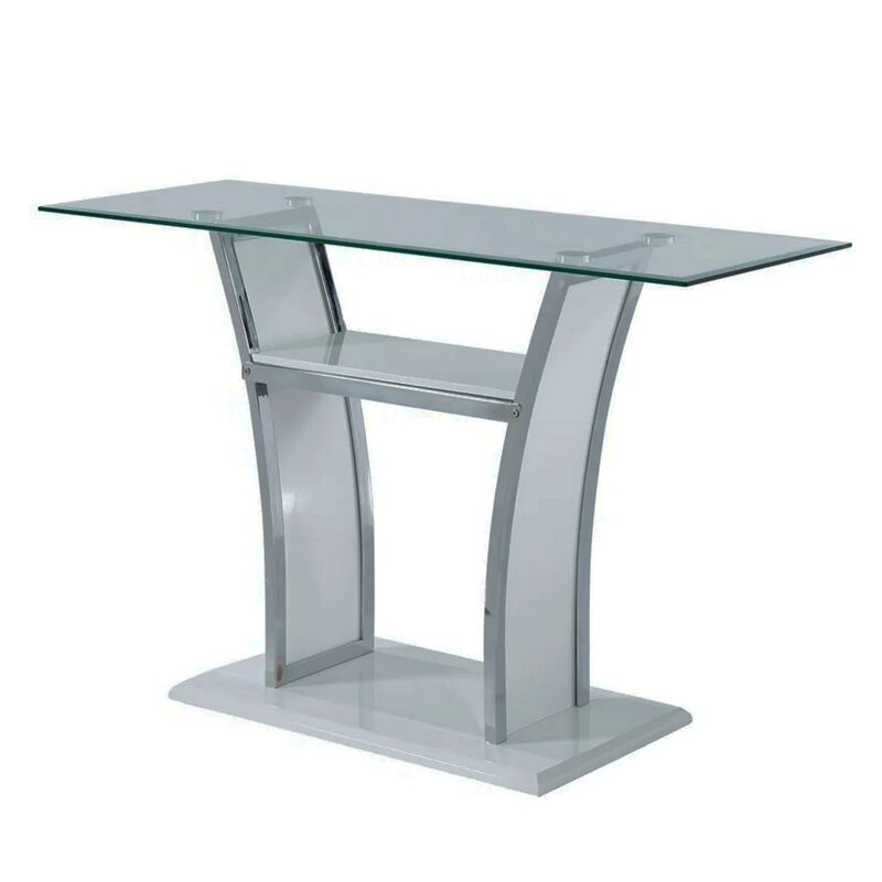 Sofa Table with Chrome Trimmed Curved Sides and Open Bottom Shelf, White-Benzara