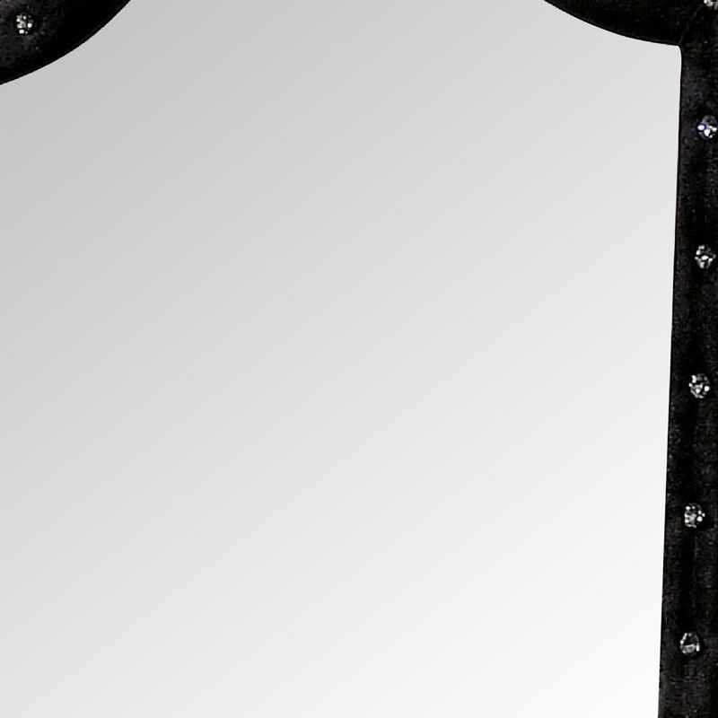 44 Inch Wall Mirror, Velvet Wrapping, Button Tufting, Black-Benzara