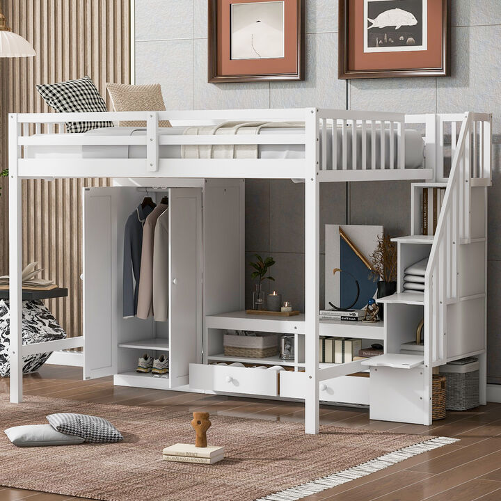 Merax Loft Bed with Wardrobe and Storage Staircase