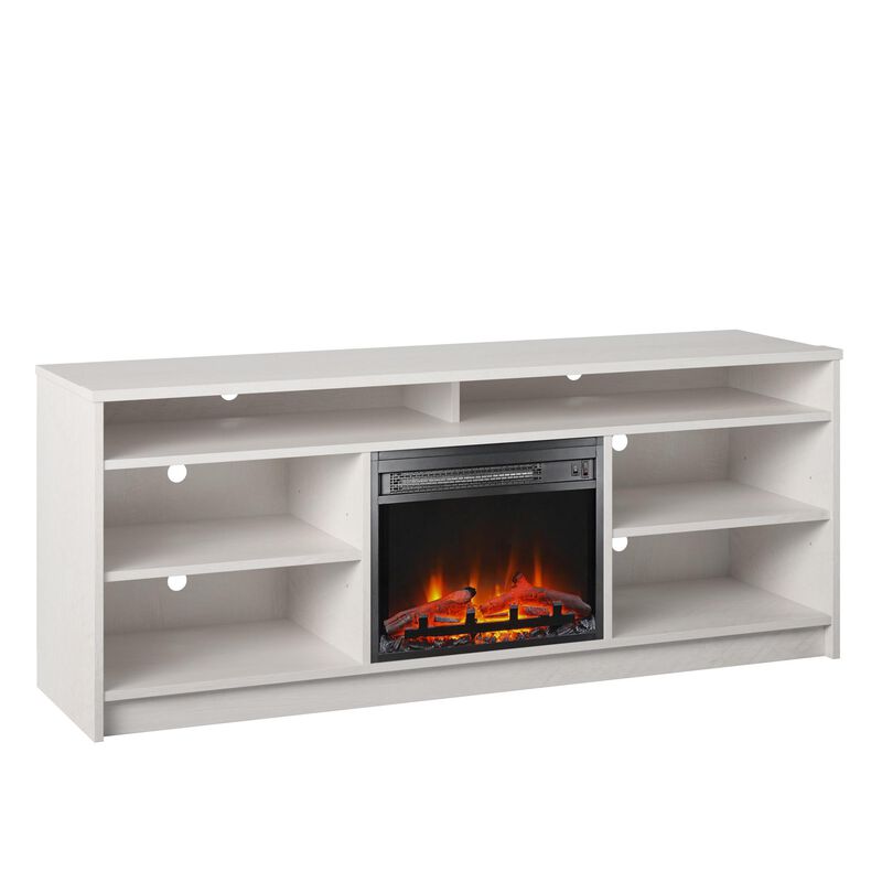Hendrix 65" TV Stand with Electric Fireplace Insert and 6 Shelves, Ivory Oak