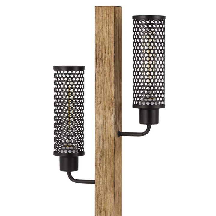 Wooden Table Lamp with 2 Metal Mesh Shades, Brown and Black-Benzara