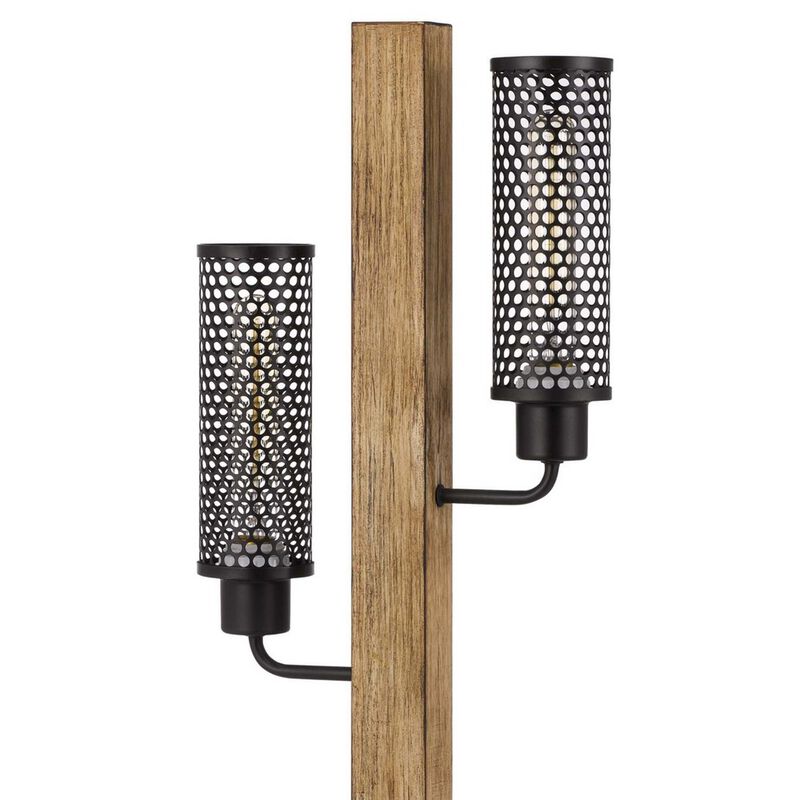 Wooden Table Lamp with 2 Metal Mesh Shades, Brown and Black-Benzara