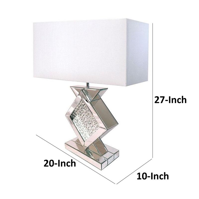 Benjara 27 Inch Table Lamp, Acrylic Crystals, Diamond Base, Metal, Champagne Silver and White