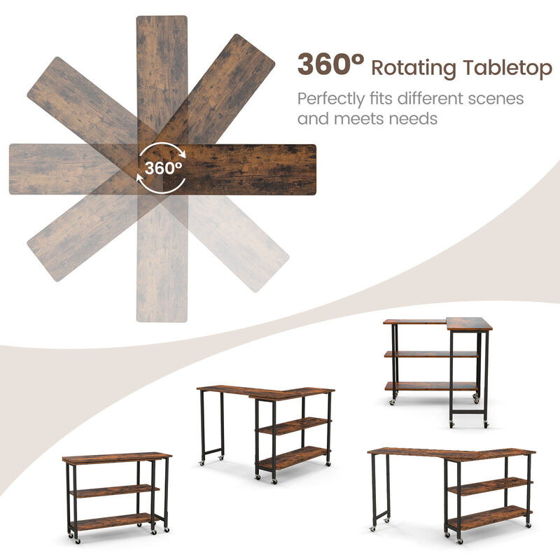 360� Rotating Sofa Side Table with 2-Tier Storage Shelves-Rustic Brown