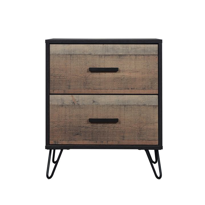 Lala 25 Inch Nightstand, 2 Drawers, Black Handles, Rustic Brown Wood Finish - Benzara