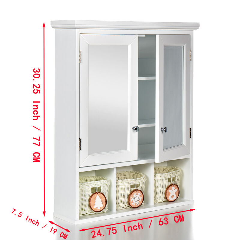 White Wood Wall Cabinet with Mirrored Doors & Storage Baskets