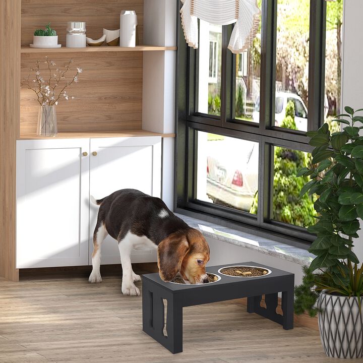 Black Modern Pet Diner: 23" Bone-Shaped Wooden Elevated Dog Bowl Stand