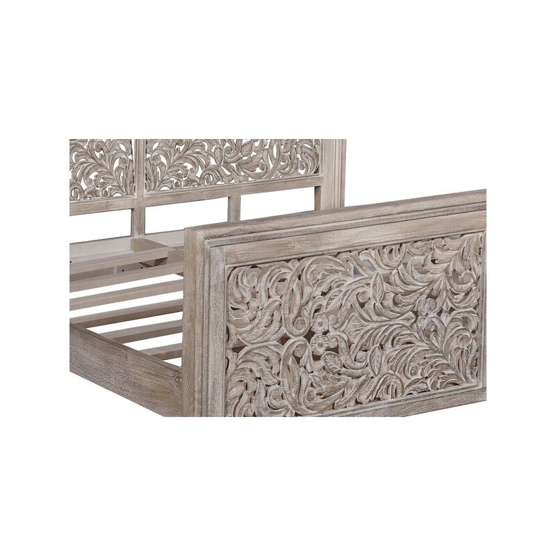 Taran Designs Calista Floral Carved Solid Wood King Panel Bed