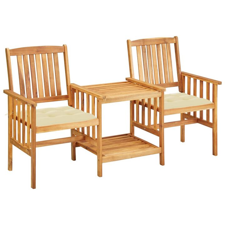 Lola 3pc Balcony Set with 2 Chairs and 1 Tea Table, Brown Acacia Wood - Benzara