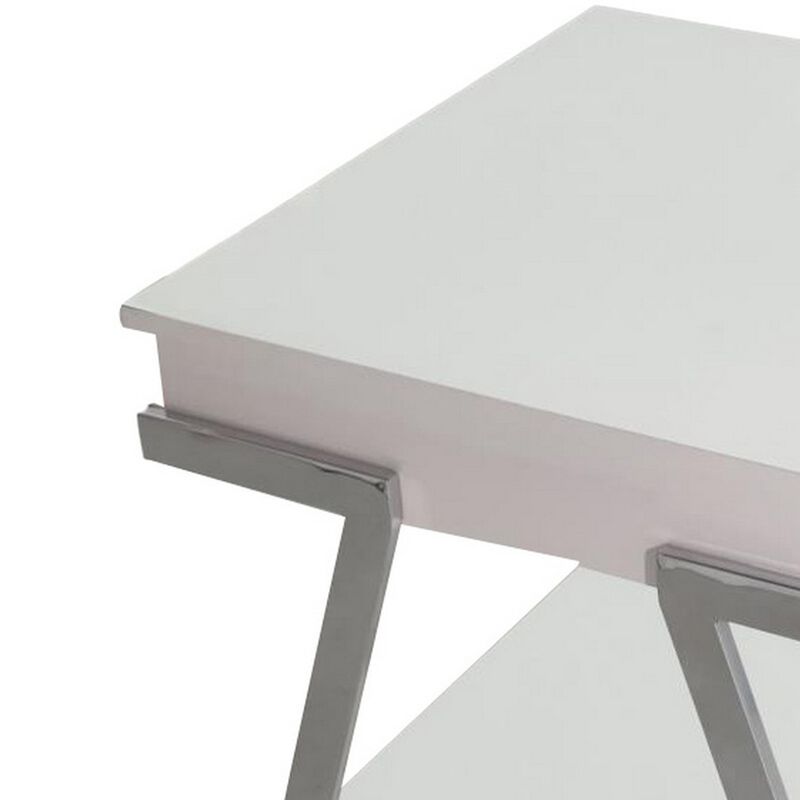 Casey 26 Inch End Table, Chrome Angled Metal Frame, Square Glossy White Top - Benzara
