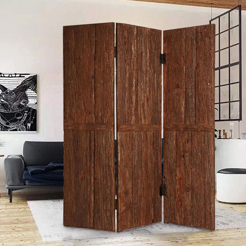 Wooden Foldable 3 Panel Room Divider with Plank Style, Small, Brown-Benzara