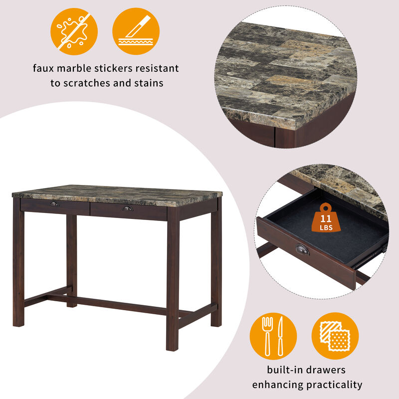 5-Piece  Dining Table Set for 4, Counter Height Modern Kitchen Table and Chairs Set of 4 with Storage Drawers, Marble Dining Table with 4 Upholstered Chairs for Small Space (Walnut)