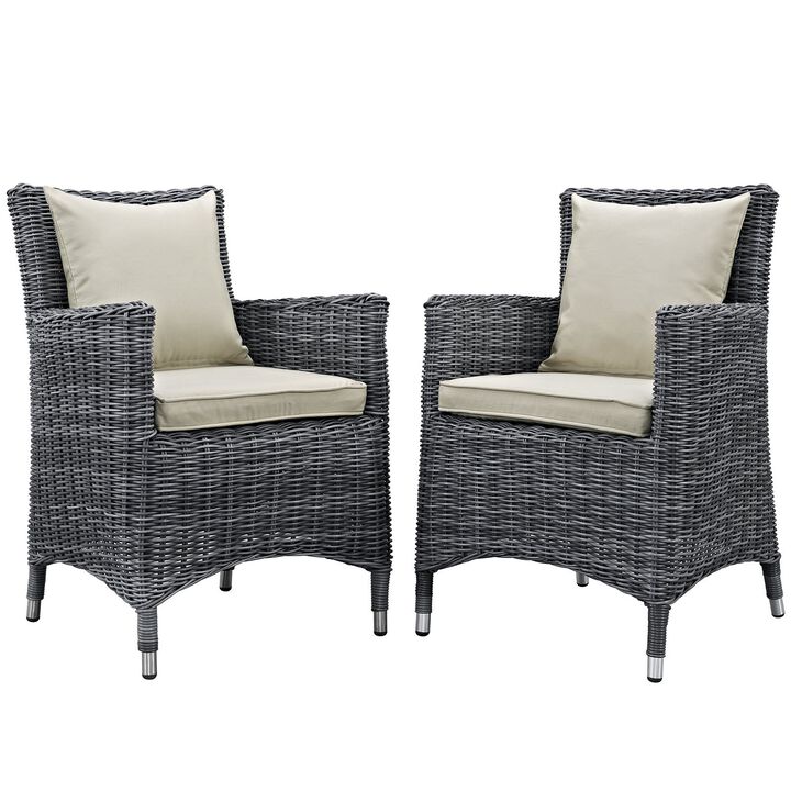 Modway Summon Wicker Rattan Aluminum Outdoor Patio Two Dining Arm Chairs with Sunbrella� Fabric Cushions in Antique Canvas Beige