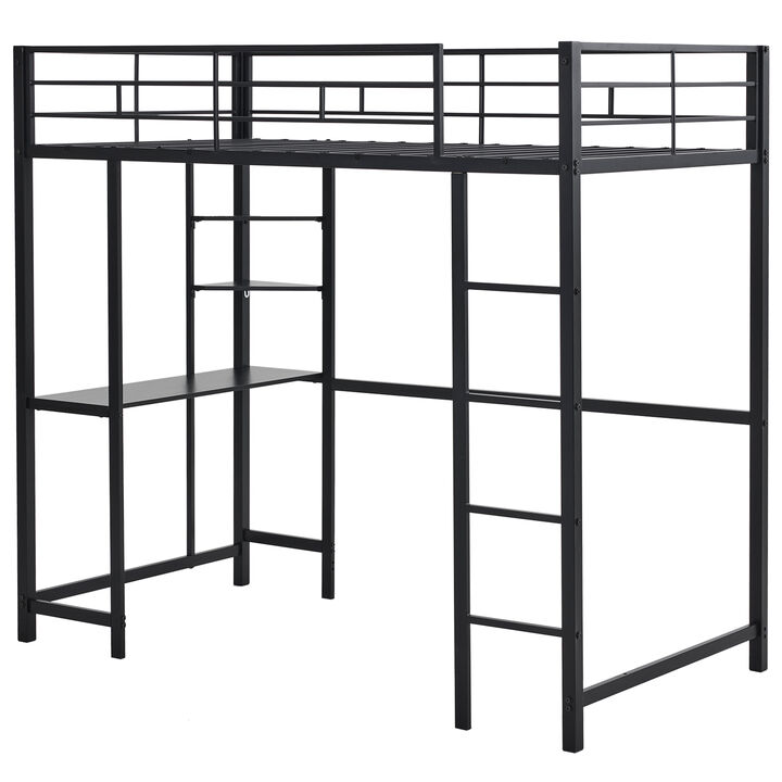 Metal Loft Bed with Desk & Storage Shelves, Loft Bed Frame with 2 Built-in Ladders & Full-Length Guardrails