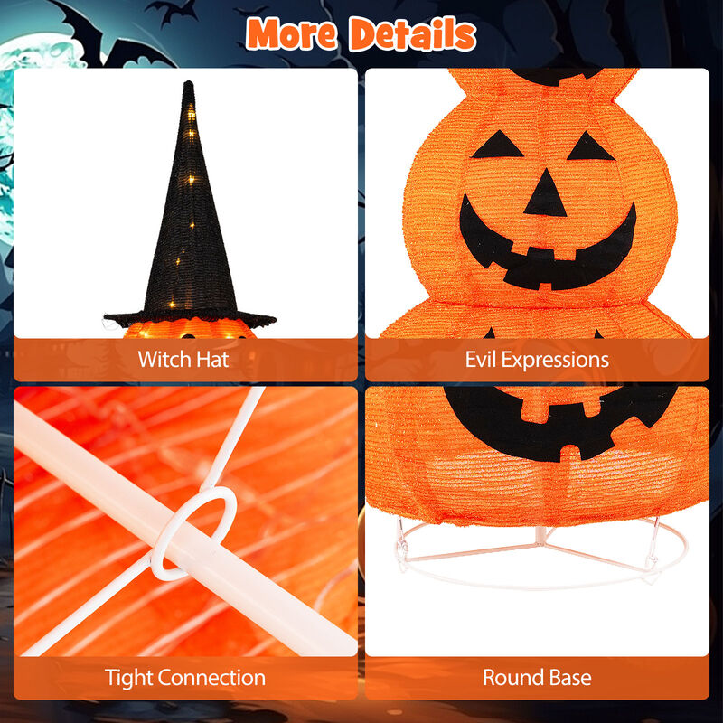 Lighted Stacked Pumpkins Halloween Decoration with Witch Hat