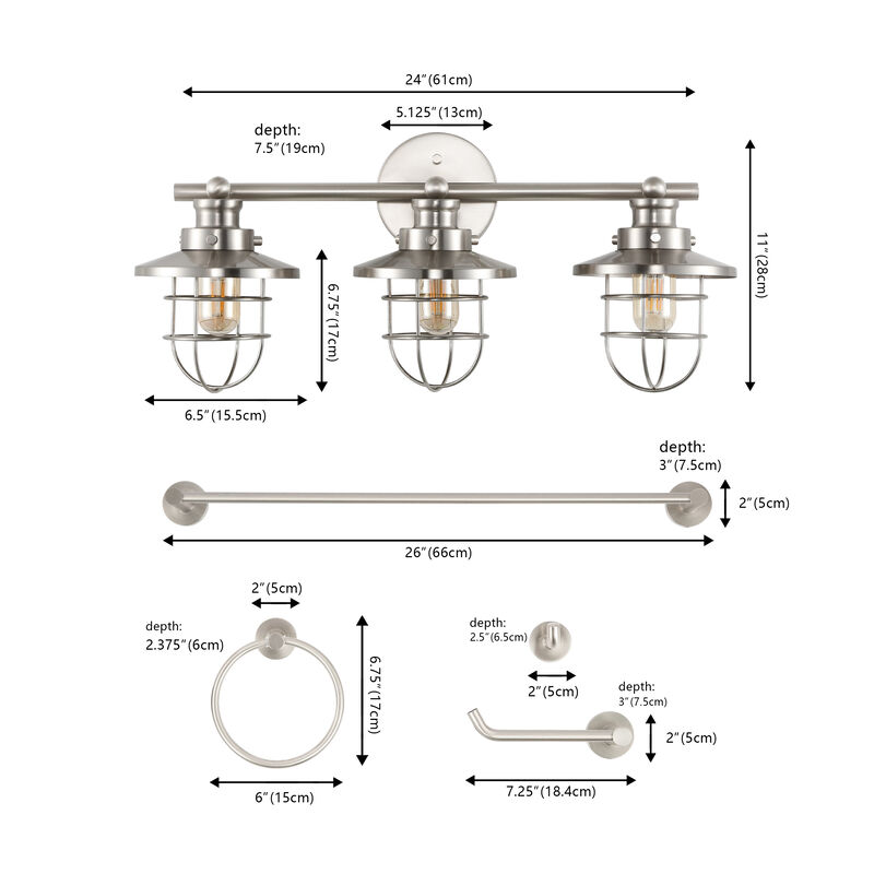 Ellis 24" 3-Light Industrial Farmhouse Vanity Light with Bathroom Hardware Accessory 5-Piece Set