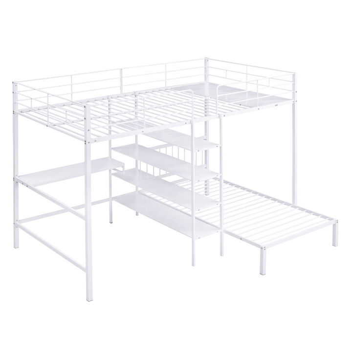 Full Over Twin Metal Bunk Bed With Built-In Desk, Shelves And Ladder