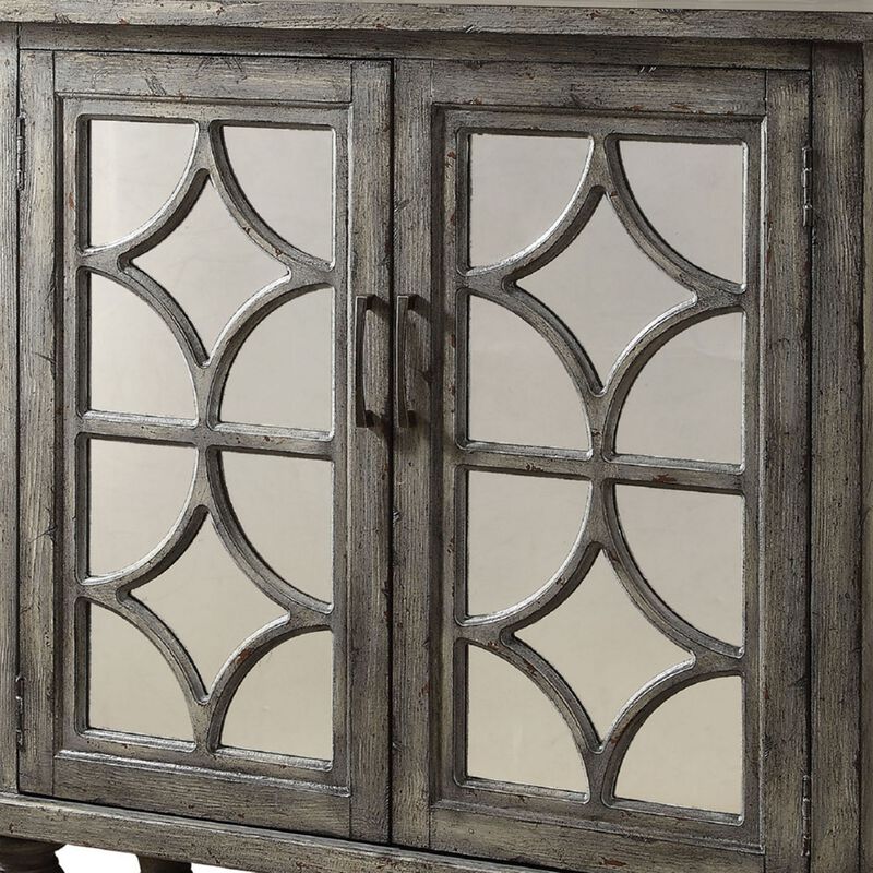 Storage Cabinet with 2 Doors and Diamond Mirror Trim, Weathered Gray-Benzara